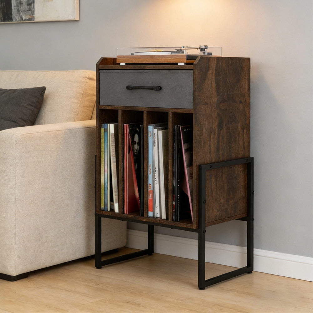 Vinyl Record Player Stand With Storage Drawer And Record Holder_voghion.com